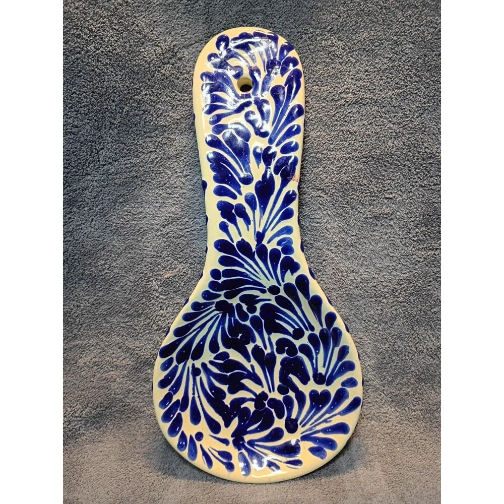 Talavera Mexico Hand Painted Spoon Rest Blue White Pottery 10.5